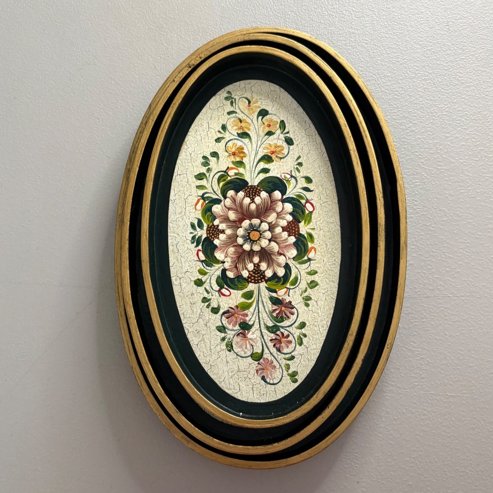 Vintage‎ Floral Hand Painted Nesting Trays Set of 3 Oval Black Gold Crackle Folk - Picture 5 of 16